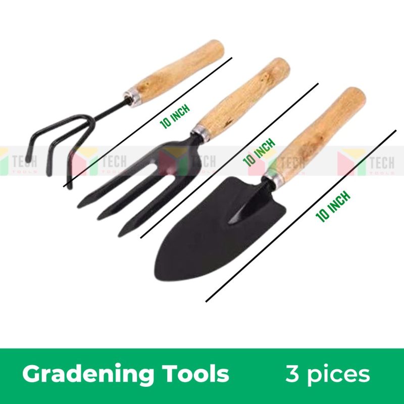 Gardening tool combo set with a hand cultivator, small trowel, and garden fork.