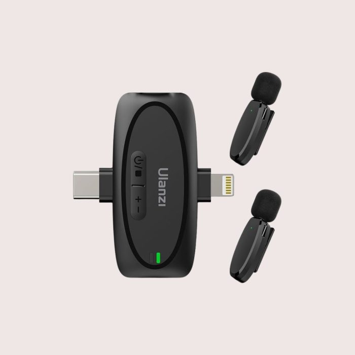 Ulanzi V-6 3-in-1 wireless microphone system with transmitter, receiver, and lapel mic.