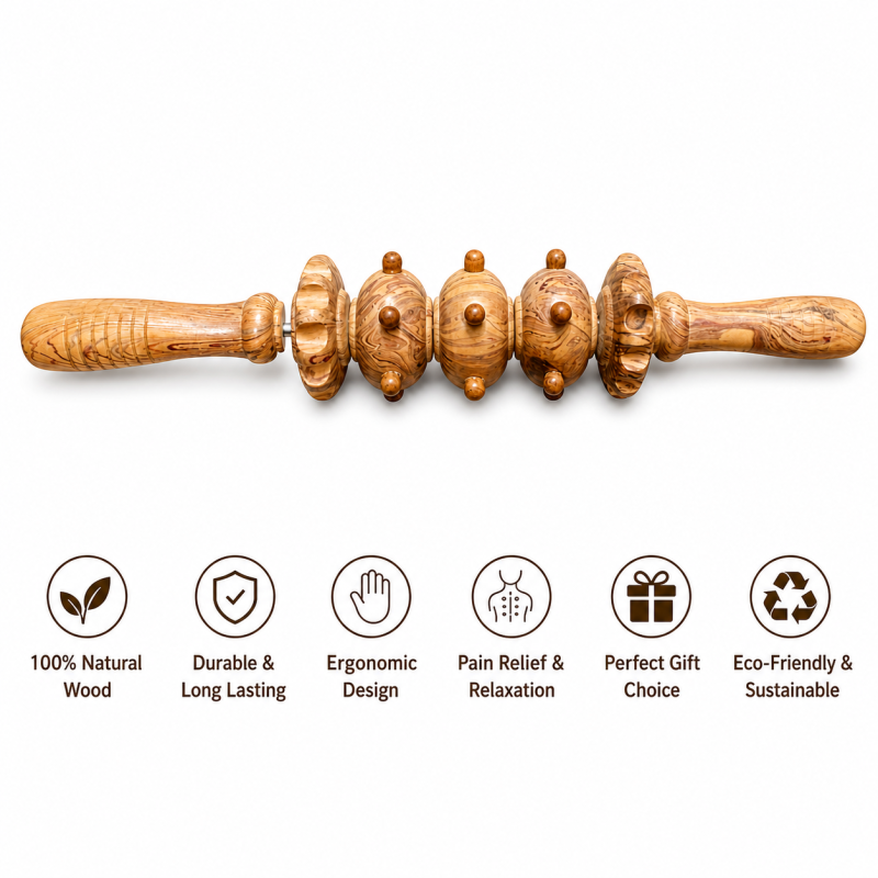 Handcrafted wooden massage roller stick with dual handles for full body pain relief