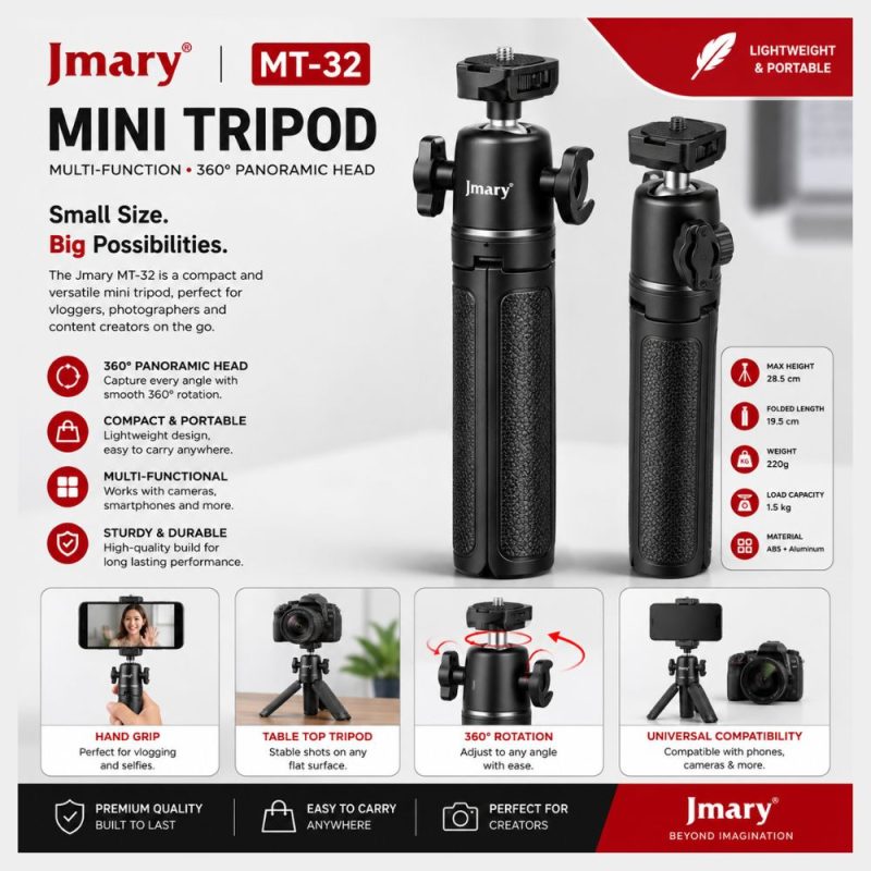 Jmary MT32 mini extension desktop tripod and phone holder stand by Tech Tools BD Jmary MT-32 Ball Head & Cold Shoe Mount- Techtools