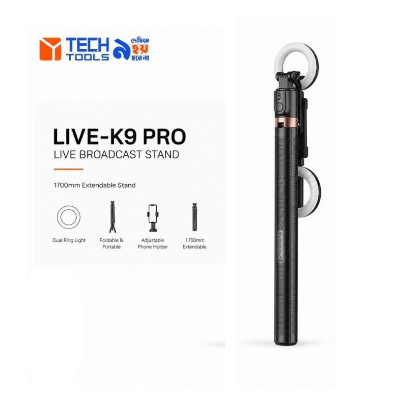 Plokama LIVE-K9 Pro selfie stick Bluetooth shutter remote and 360 degree phone rotation mount