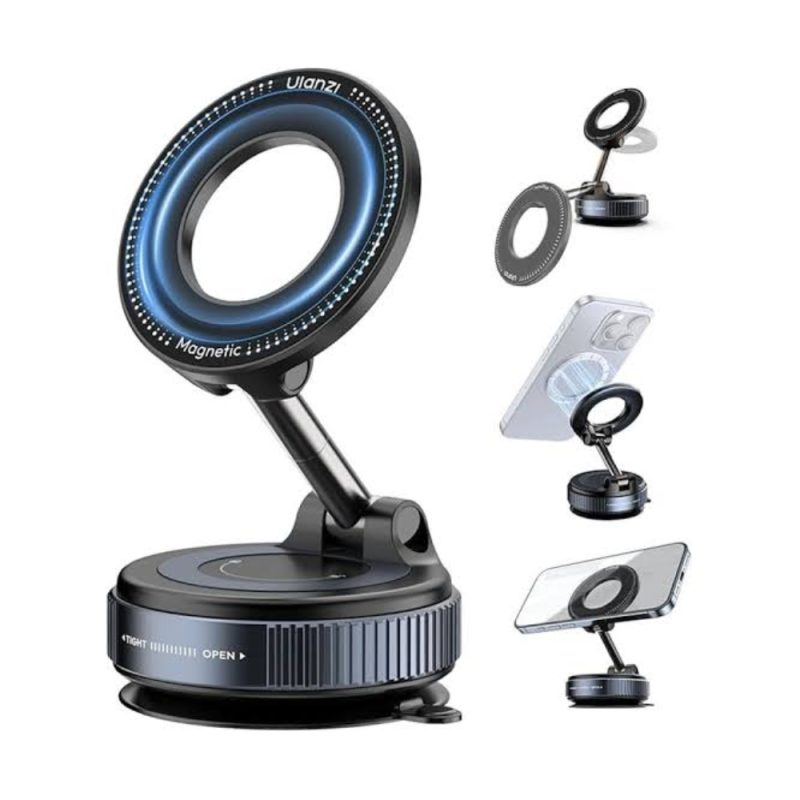 Ulanzi SK-25 vacuum suction phone mount installed on car dashboard with iPhone in MagSafe position, 360° rotation adjustable car holder for navigation and hands-free calling, buy at TechTools BD