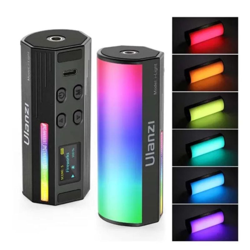 Content creator using Ulanzi i-Light Mini handheld RGB tube light for vlogging, product photography, or live streaming with soft, natural light
