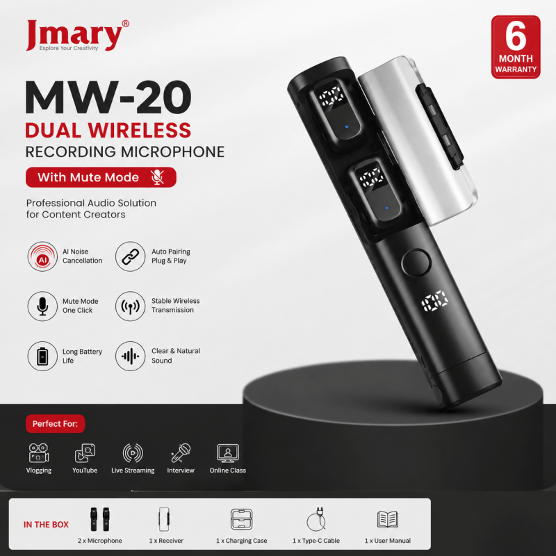 Jmary MW-20 dual wireless recording microphone set with charging case by Tech Tools BD