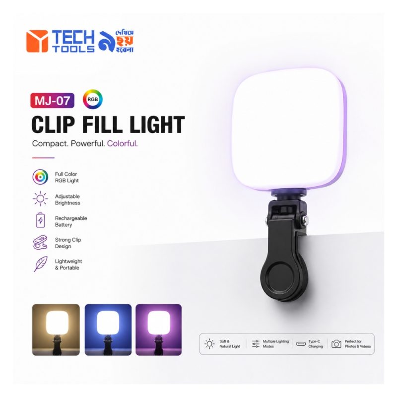 MJ-07 RGB clip fill light compact rechargeable selfie light by Tech Tools BD