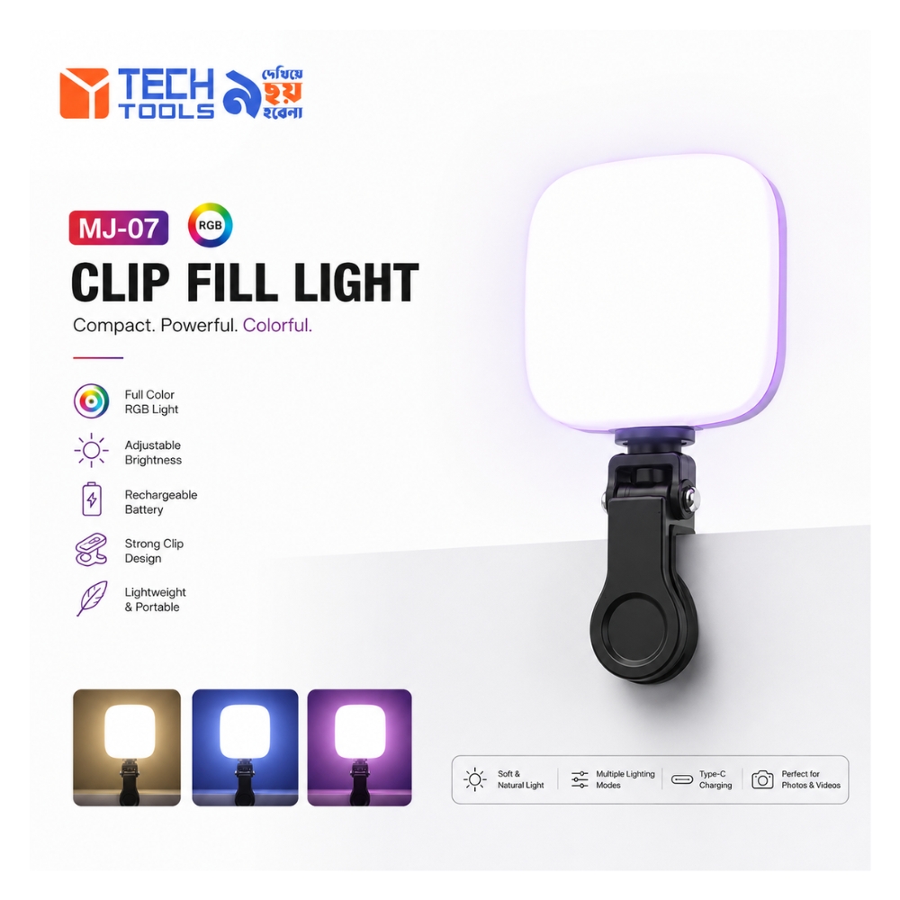 MJ-07 RGB clip fill light compact rechargeable selfie light by Tech Tools BD